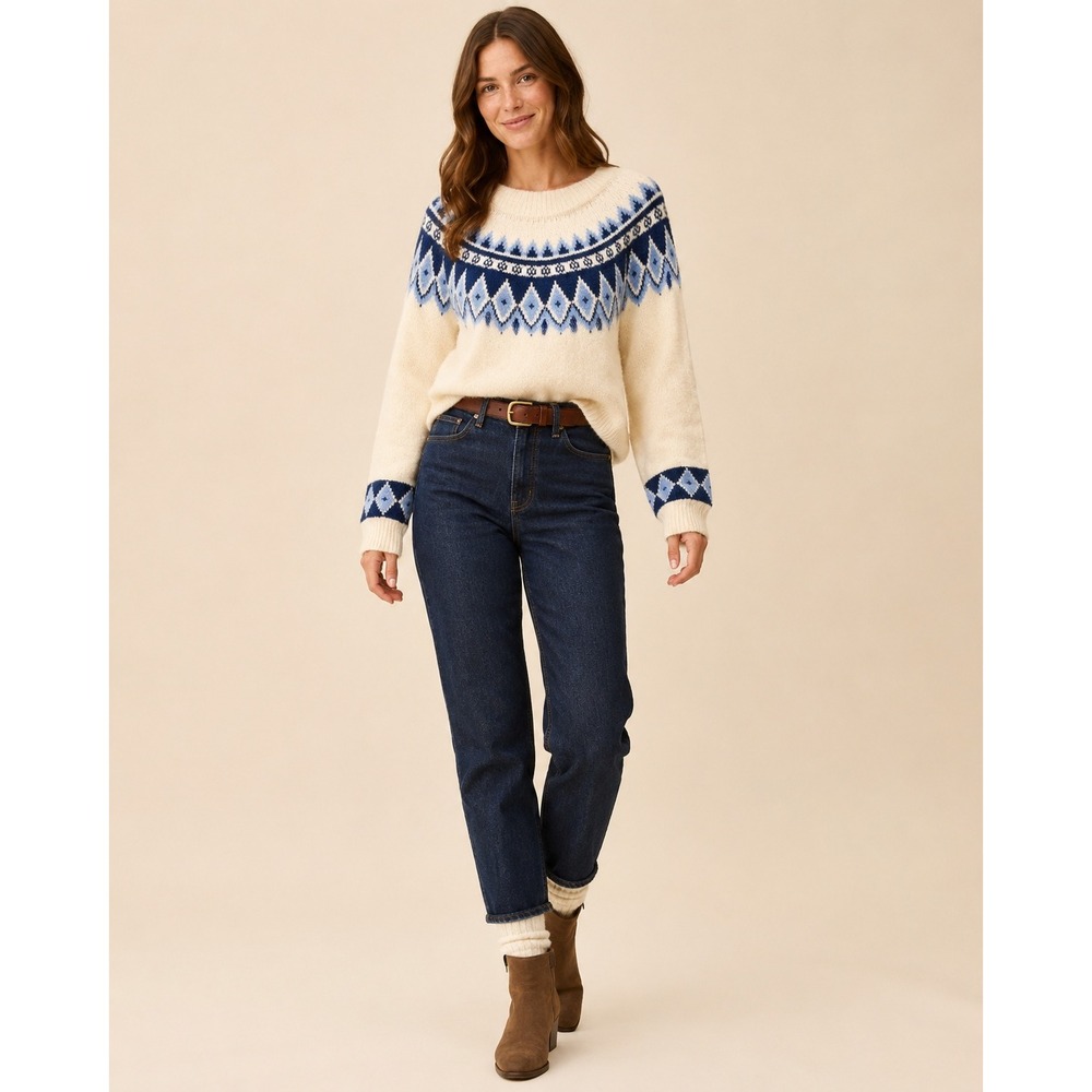 Blair Women Fair Isle Yoke Sweater L Cream Blue Nordic Knit Pullover Fisherman